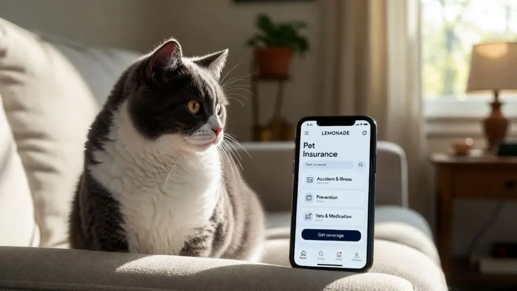 Indoor cat with tablet showing Lemonade pet insurance claim process – is Lemonade pet insurance worth it for indoor cats?
