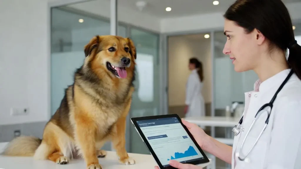 Dog at vet with Lemonade pet insurance pre-existing conditions information displayed on a tablet.