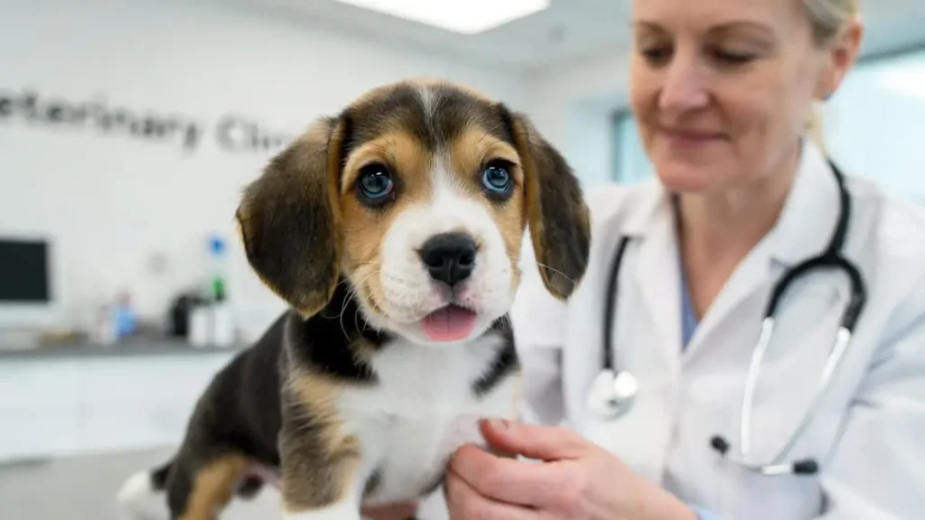 Puppy at vet covered by Lemonade Pet Insurance Cost for Puppies plan