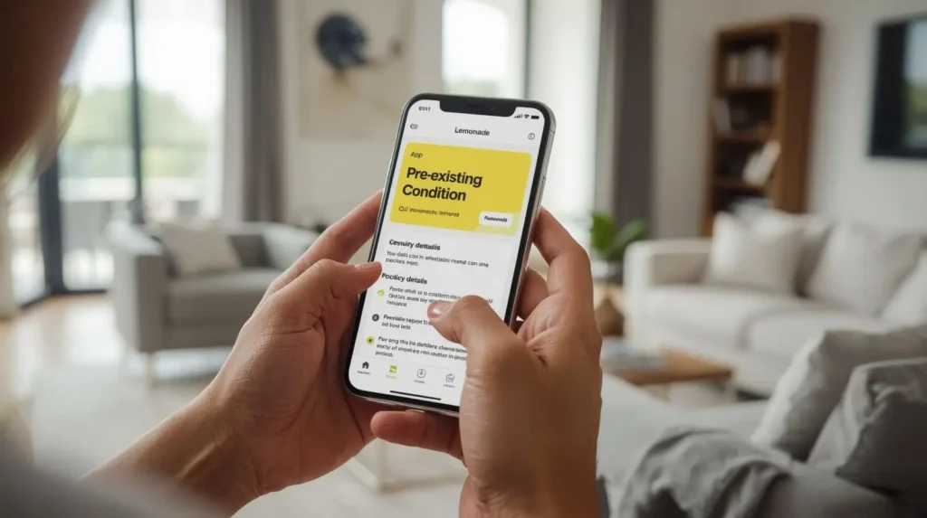 Smartphone displaying Lemonade pet insurance pre-existing conditions information for pets.