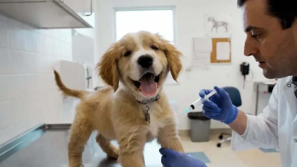 Puppy receiving a canine parvovirus vaccine at a US veterinary clinic