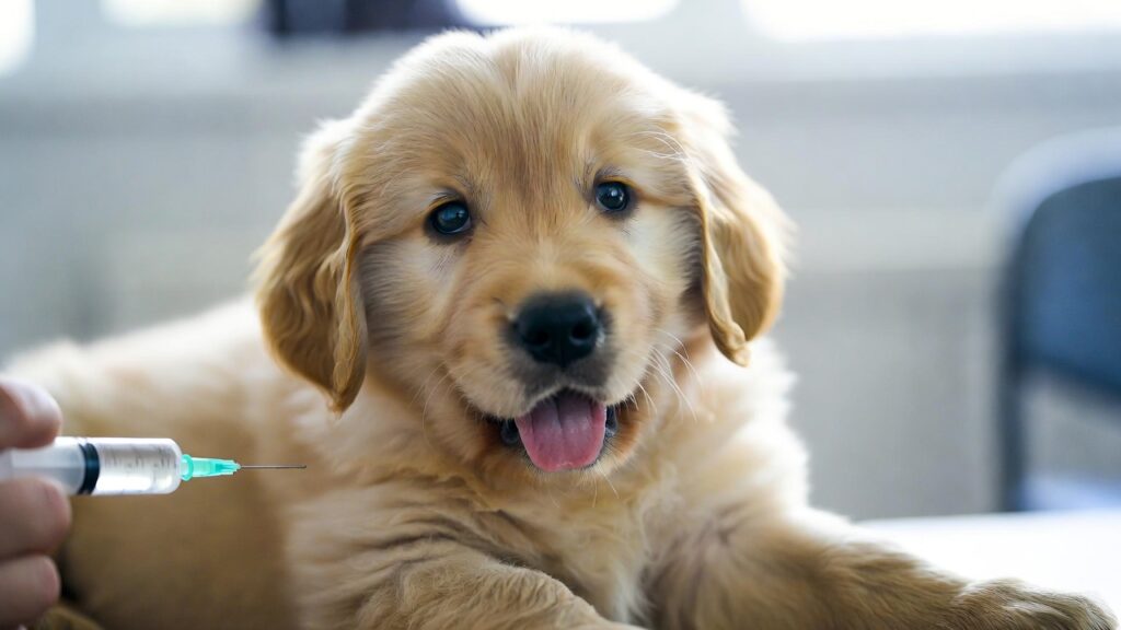 Golden Retriever puppy receiving a canine parvovirus vaccine shot at a vet clinic
