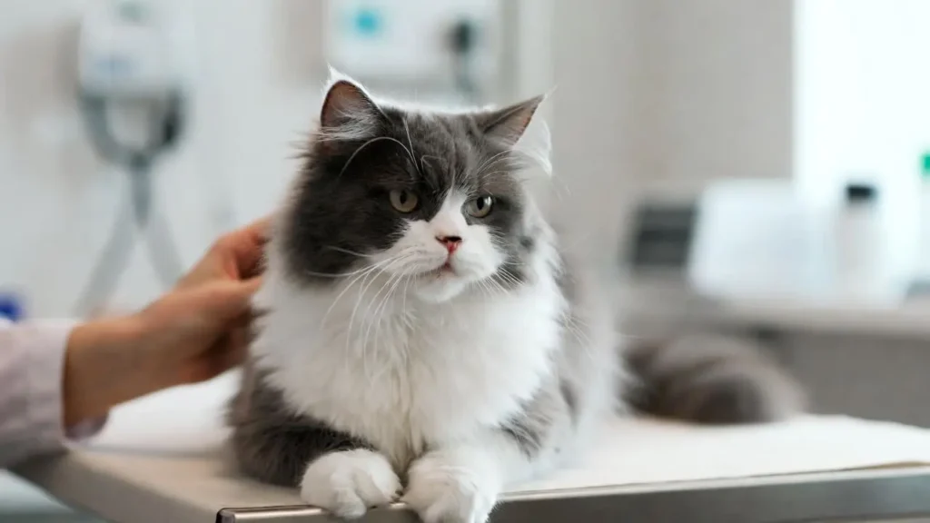 Indoor cat at the vet with veterinarian in a modern clinic – is Lemonade pet insurance worth it for indoor cats?