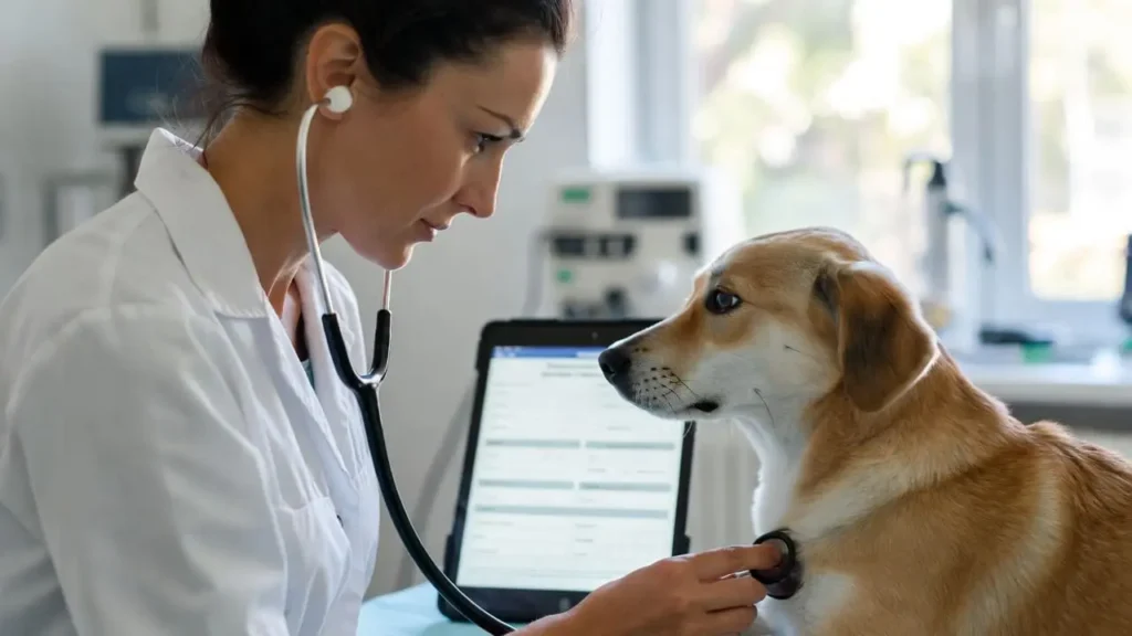 Vet checking dog while Lemonade pet insurance pre-existing conditions policy is on digital tablet.