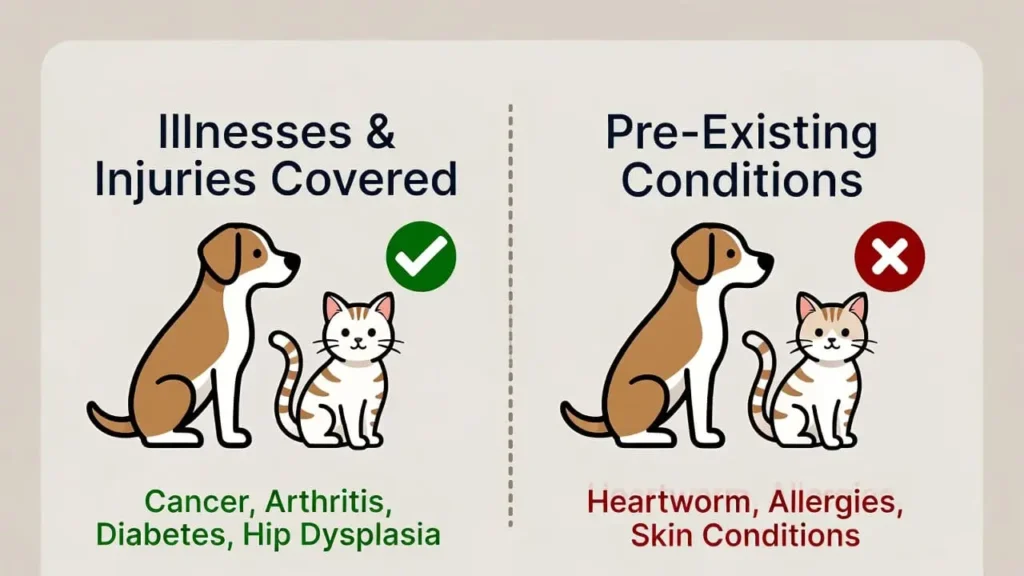 Infographic showing Lemonade pet insurance pre-existing conditions coverage for pets.