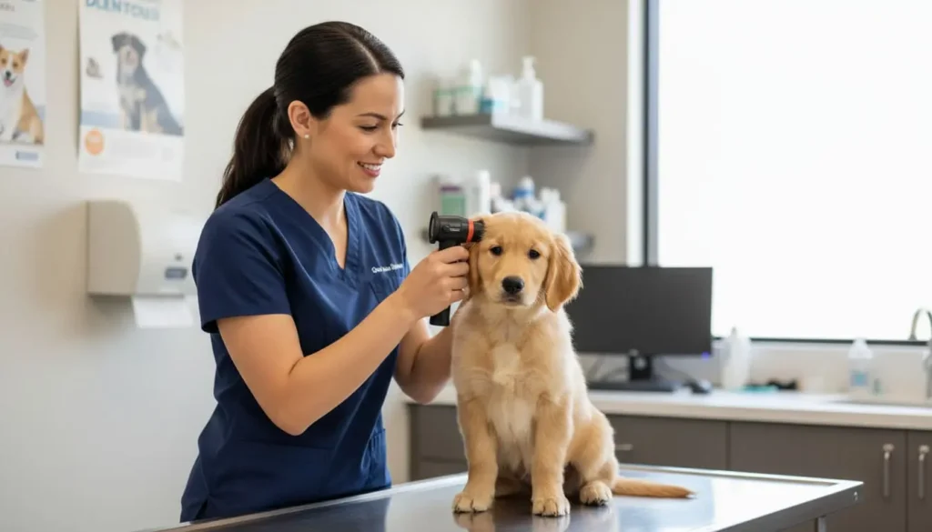 A golden retriever puppy at the vet. Image shows why is Lemonade pet insurance good for puppies in USA for routine care.