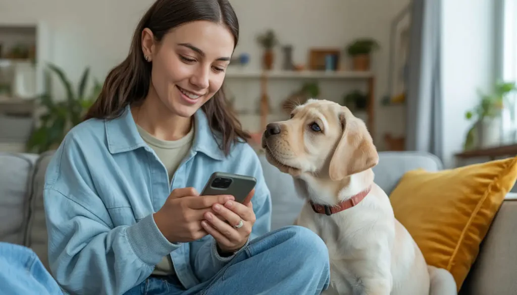 Puppy owner using app to manage insurance. Highlights is Lemonade pet insurance good for puppies in USA convenience.