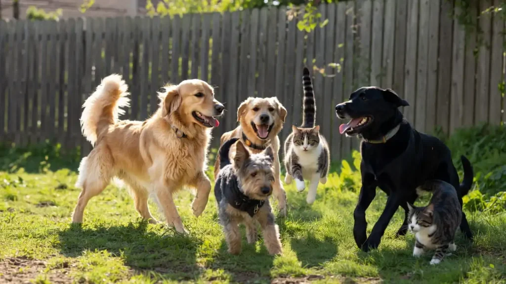 “Happy dogs and cats in backyard – supporting visual for pet insurance guides and reviews 2026”