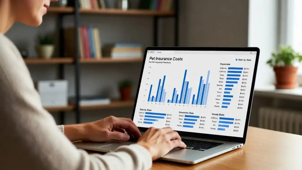 “Pet owner using a pet insurance cost by state calculator on a laptop to compare dog and cat insurance premiums.” Pet Insurance Cost by State Calculator