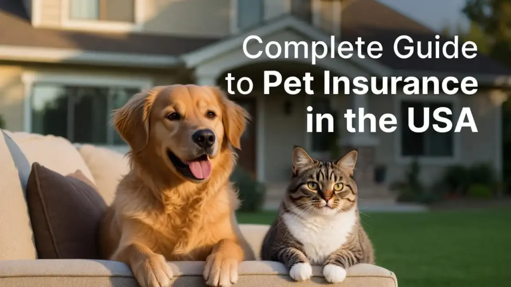 “Complete Guide to Pet Insurance in the USA – happy dog and cat sitting together in an American home”