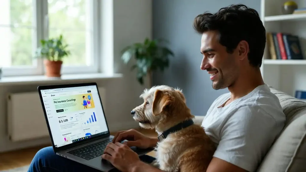 Complete Guide to Pet Insurance in the USA – person researching pet insurance online with dog nearby”