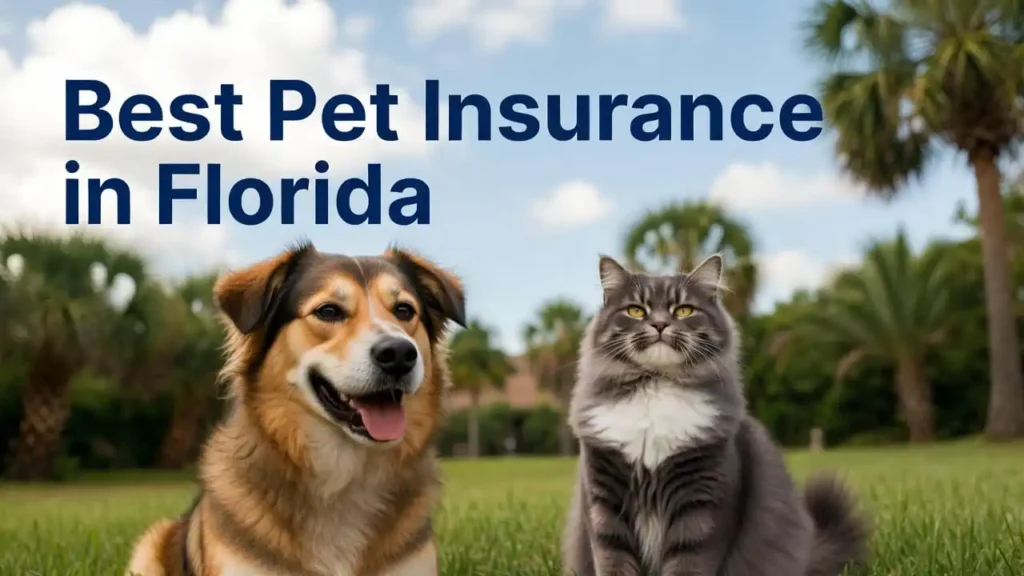 ‘Best Pet Insurance in Florida’. Include a happy dog and cat in a sunny Florida backyard.