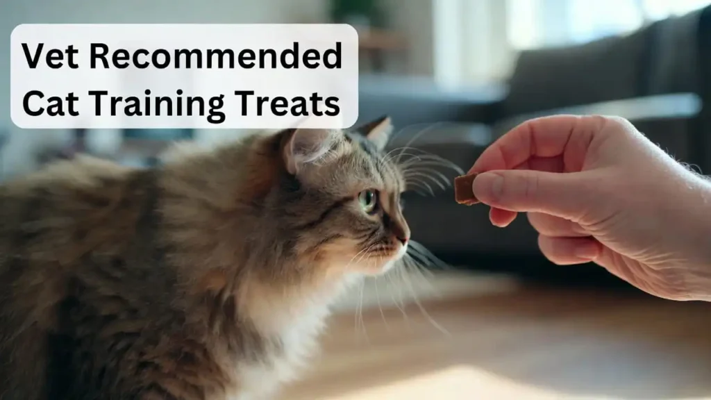 Vet recommended high-protein cat training treat being offered to an attentive cat “Vet Recommended Cat Training Treats