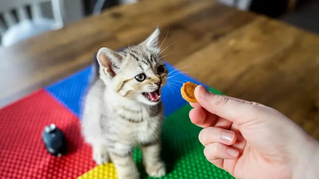 Kitten receiving a vet recommended training treat for positive reinforcement