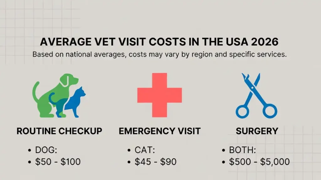 Vet Visit Cost Calculator USA – infographic showing average veterinary costs 2026