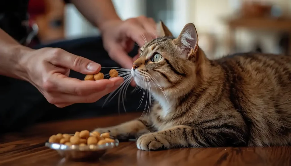 Clicker training session using vet approved cat treats for behavior training